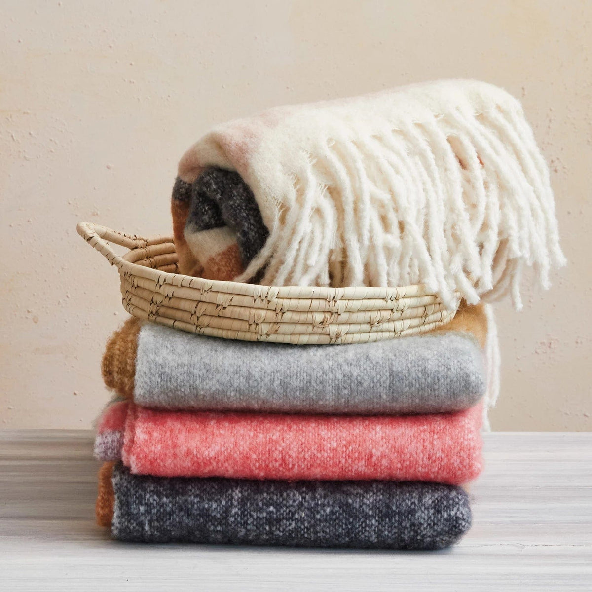 Creative Co-op Creative Co-op 60"Lx50"W Brushed Acrylic & New Zealand Wool Throw with Stripes & Fringe, Multicolor - Little Miss Muffin Children & Home