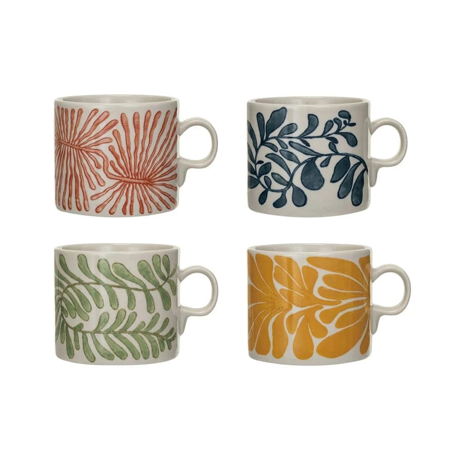 Creative Co-op 14 oz. Hand-Painted Stoneware Mug with Abstract Botanical Design, 4 Styles - Little Miss Muffin Children & Home