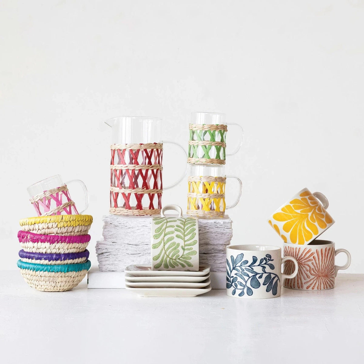 Creative Co-op 14 oz. Hand-Painted Stoneware Mug with Abstract Botanical Design, 4 Styles - Little Miss Muffin Children & Home