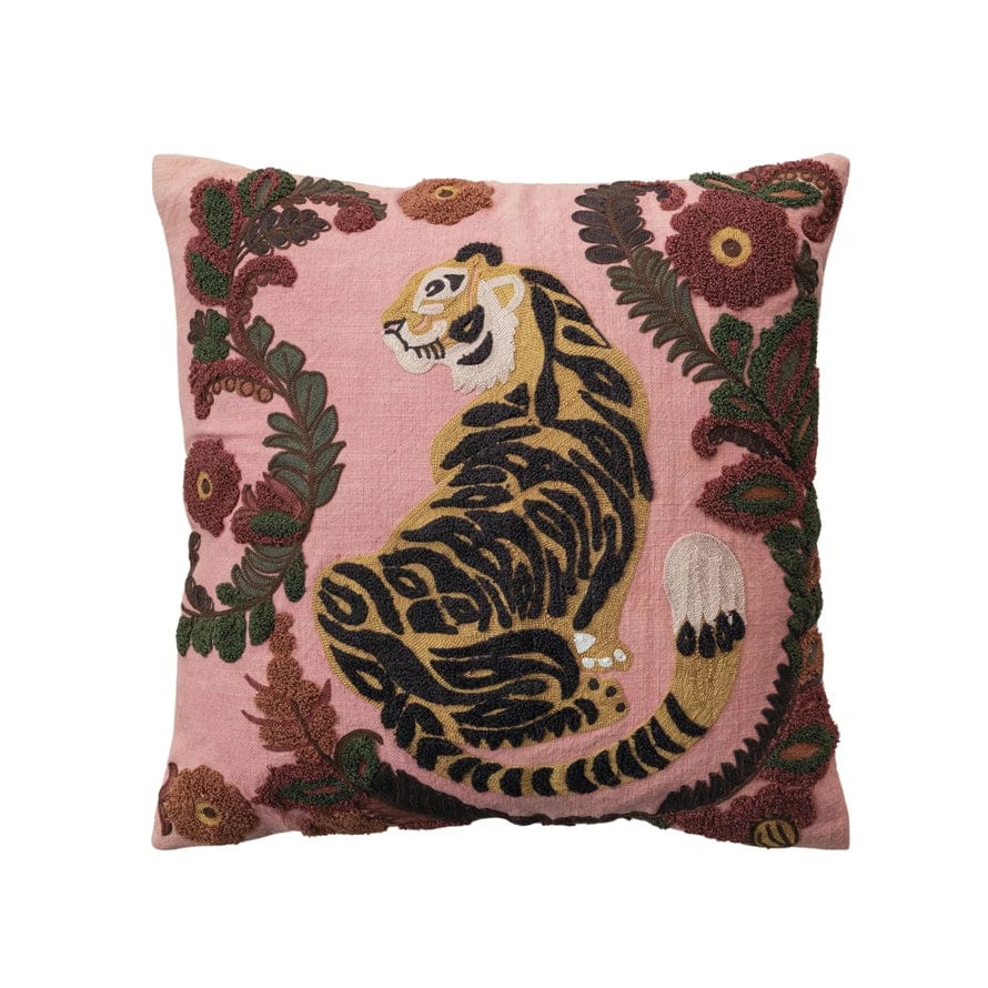 Creative Co-op Creative Co-op 20" Square Cotton Slub Pillow with Embroidered Tiger & Flowers - Little Miss Muffin Children & Home