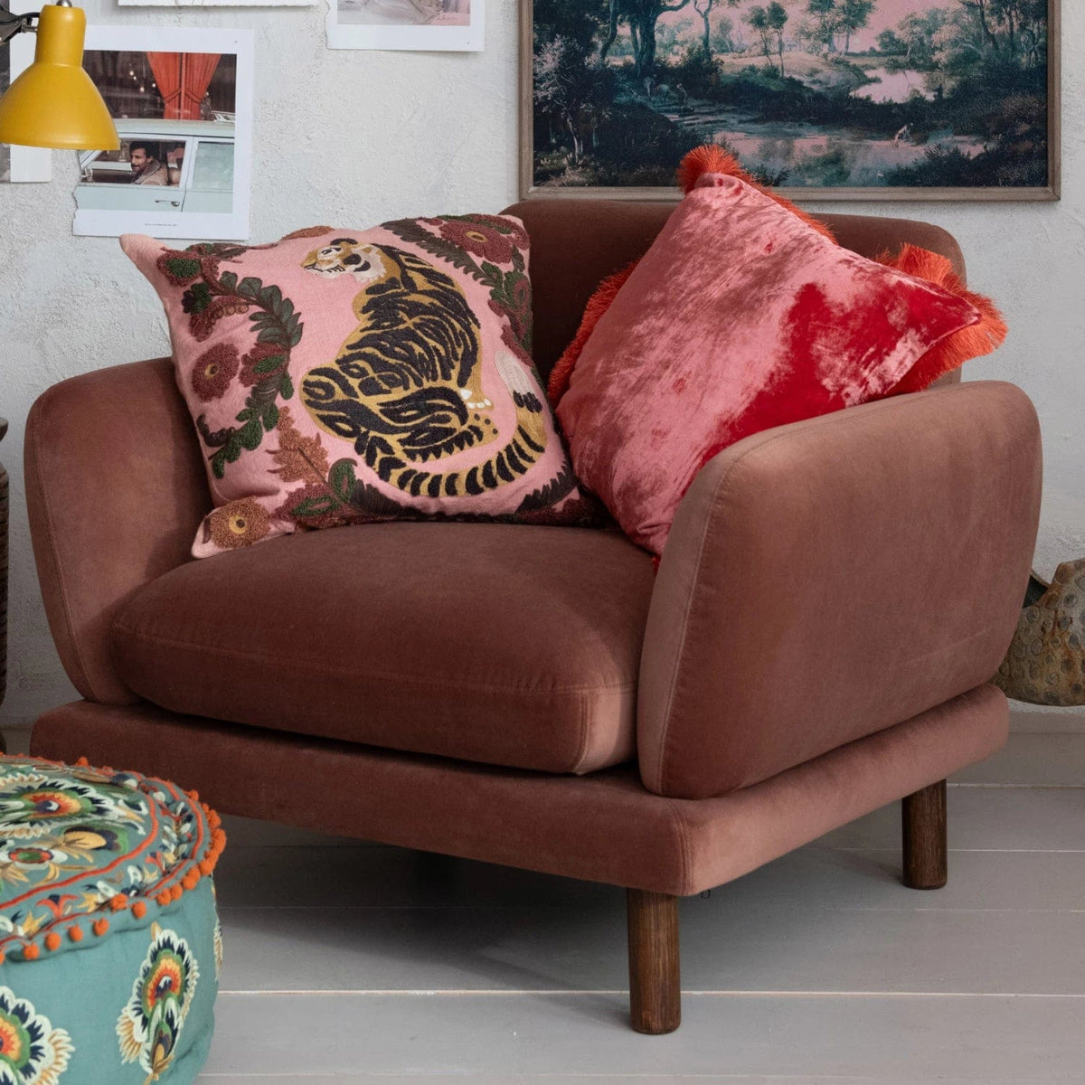 Creative Co-op Creative Co-op 20" Square Cotton Slub Pillow with Embroidered Tiger & Flowers - Little Miss Muffin Children & Home