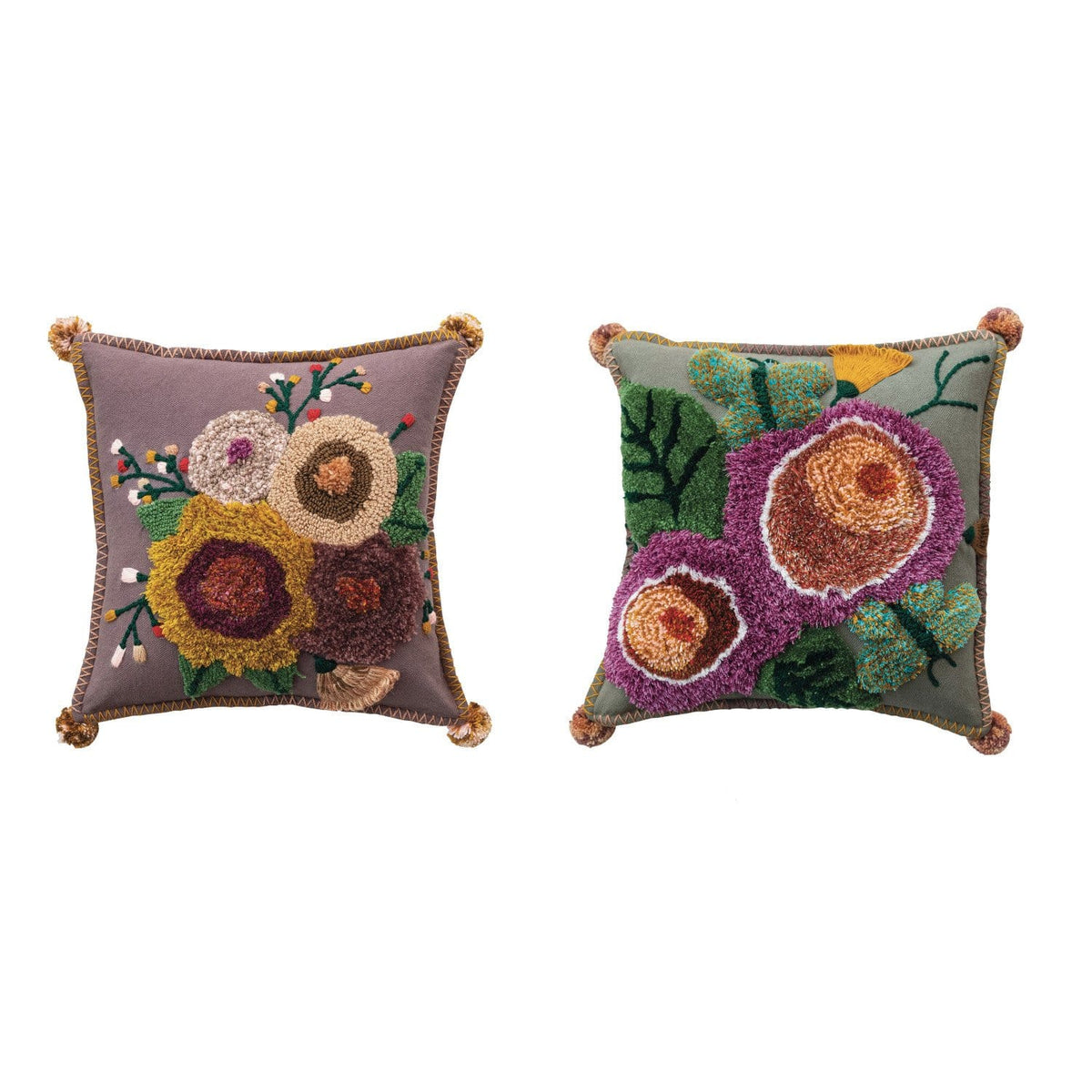 18" Square Cotton Tufted Floral Pillow with Pom Poms, 2 Available Styles