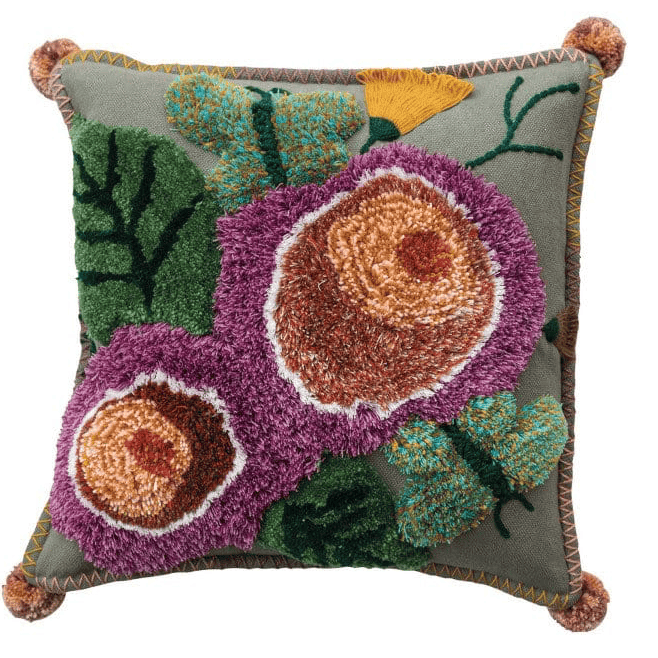 18" Square Cotton Tufted Floral Pillow with Pom Poms, 2 Available Styles