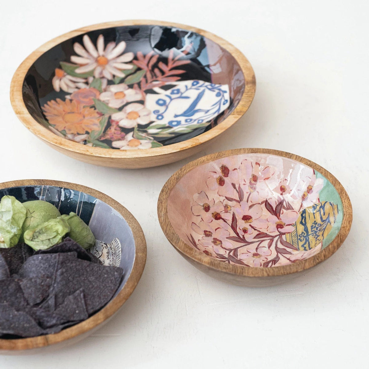 Creative Co-op Creative Co-op Enameled Mango Wood Bowls with Flowers in Vase, Available in 3 Sizes - Little Miss Muffin Children & Home