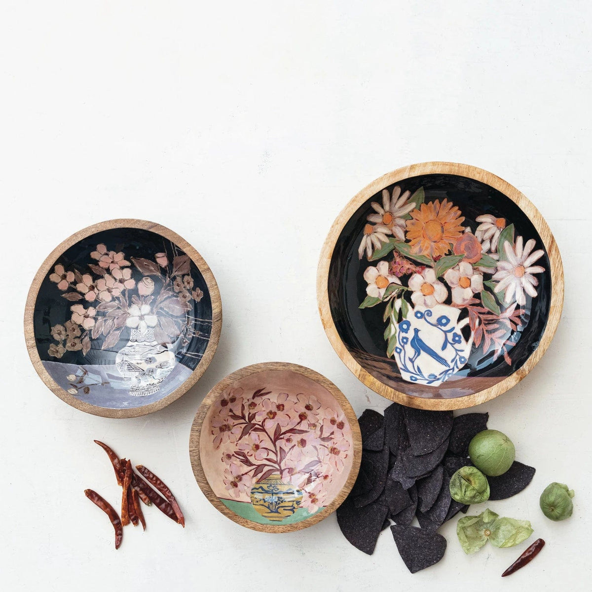 Creative Co-op Creative Co-op Enameled Mango Wood Bowls with Flowers in Vase, Available in 3 Sizes - Little Miss Muffin Children & Home