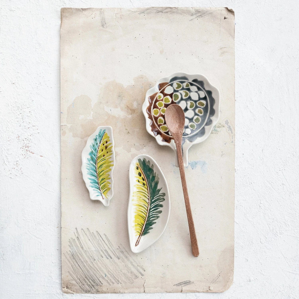 Creative Co-op Hand-Painted Stoneware Feather/Botanical Shaped Dish, 3 Styles Available - Little Miss Muffin Children & Home