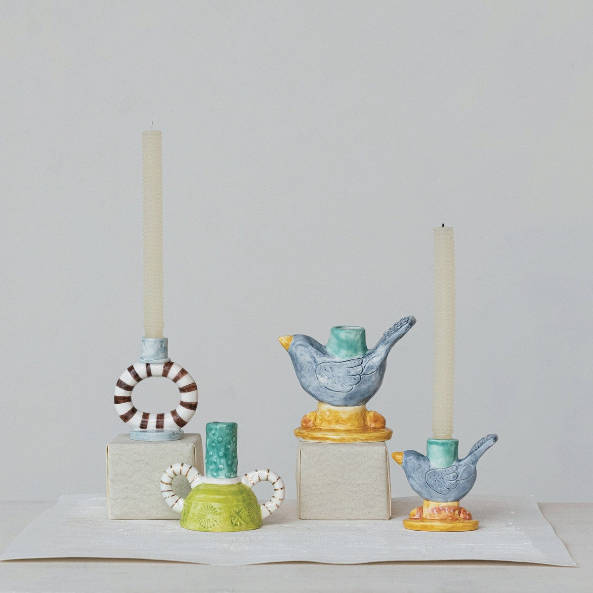 Hand-Painted Stoneware Ring Taper Holder with Stripes (Each One Will Vary)