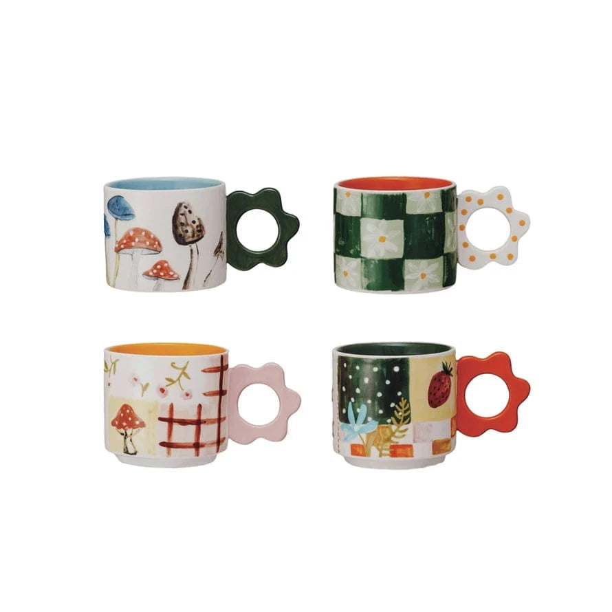 Creative Co-op 15 oz. Hand-Painted Stoneware Mug with Flower Shaped Handle, 4 Styles Available - Little Miss Muffin Children & Home