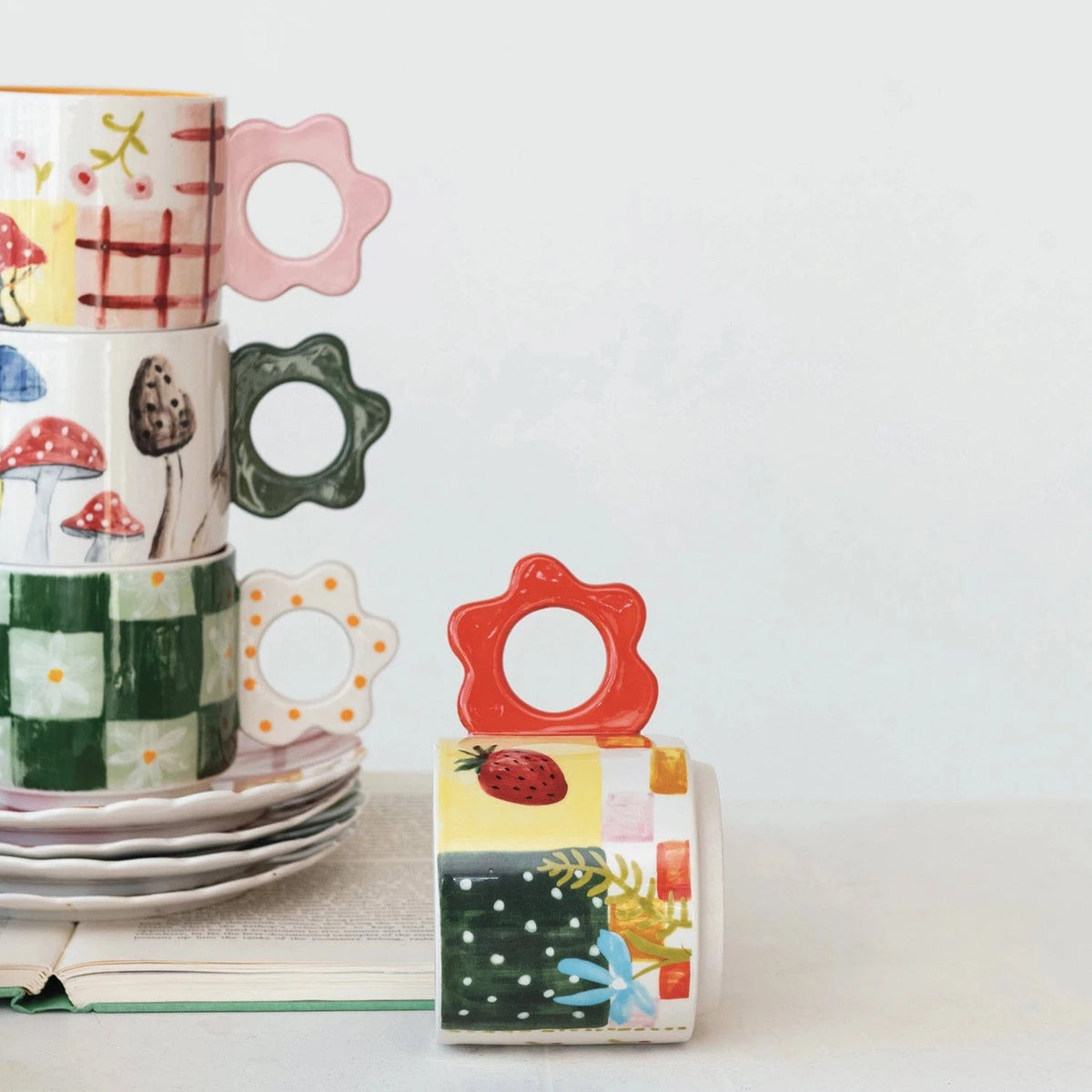 Creative Co-op 15 oz. Hand-Painted Stoneware Mug with Flower Shaped Handle, 4 Styles Available - Little Miss Muffin Children & Home