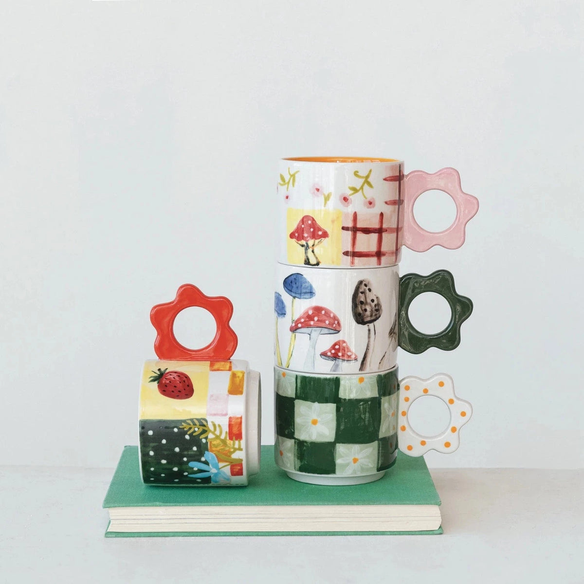 Creative Co-op 15 oz. Hand-Painted Stoneware Mug with Flower Shaped Handle, 4 Styles Available - Little Miss Muffin Children & Home