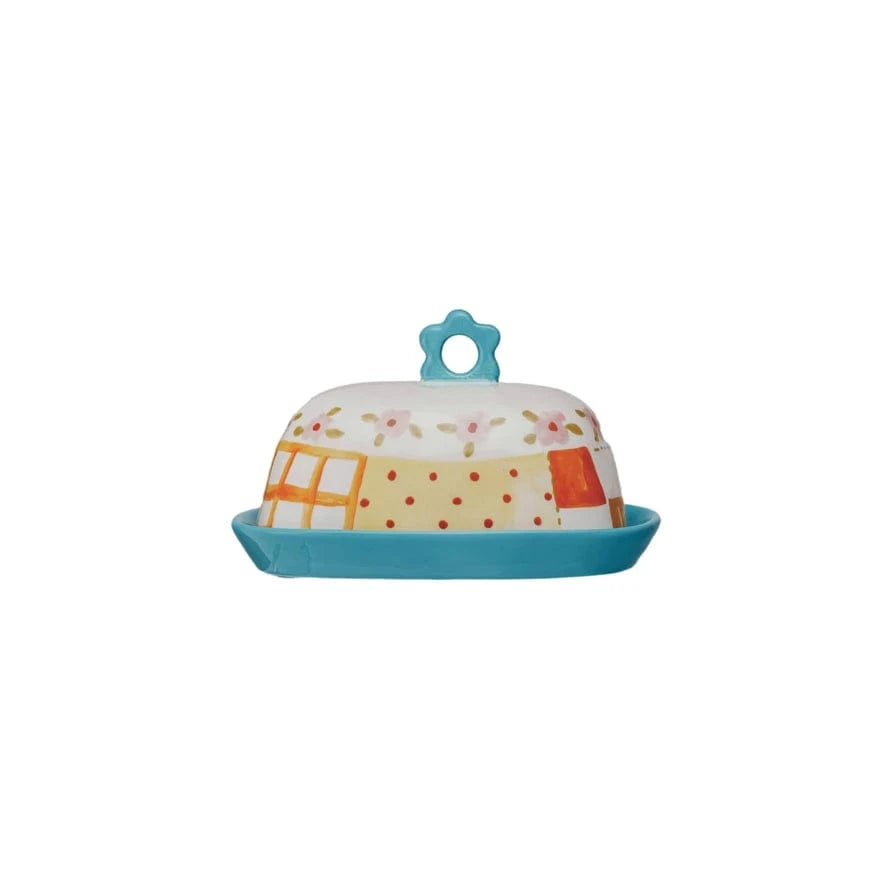 Creative Co-op Hand-Painted Stoneware Butter Dish with Pattern & Flower Shaped Handle - Little Miss Muffin Children & Home