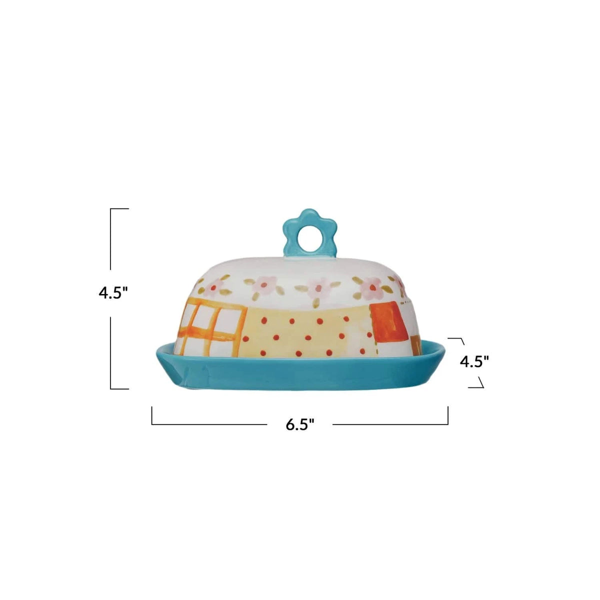 Creative Co-op Hand-Painted Stoneware Butter Dish with Pattern & Flower Shaped Handle - Little Miss Muffin Children & Home