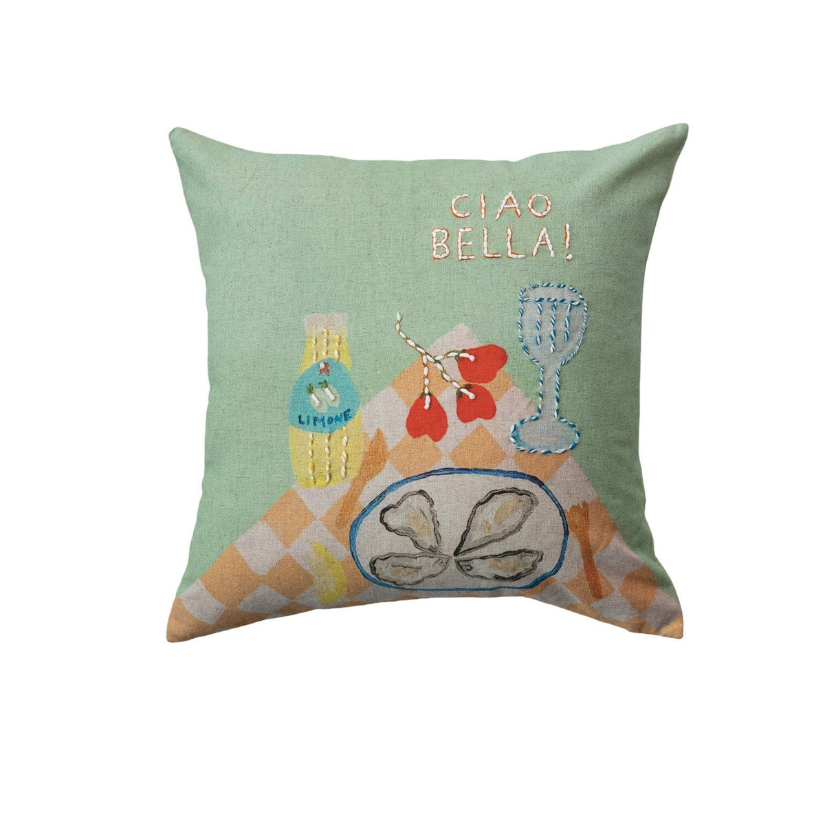 18" Square Cotton & Linen Embroidered "Ciao Bella!" with Tablescape
