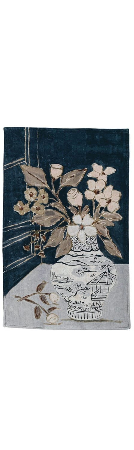 Cotton & Linen Printed Tea Towel with Flowers in Vase, 3 Available Styles
