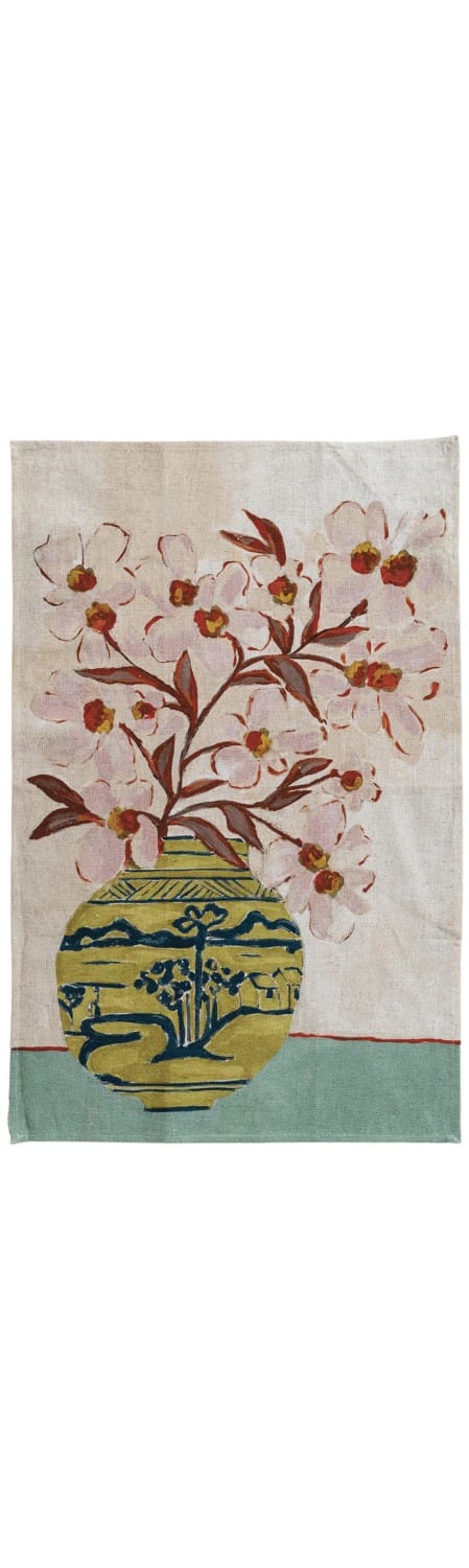 Cotton & Linen Printed Tea Towel with Flowers in Vase, 3 Available Styles