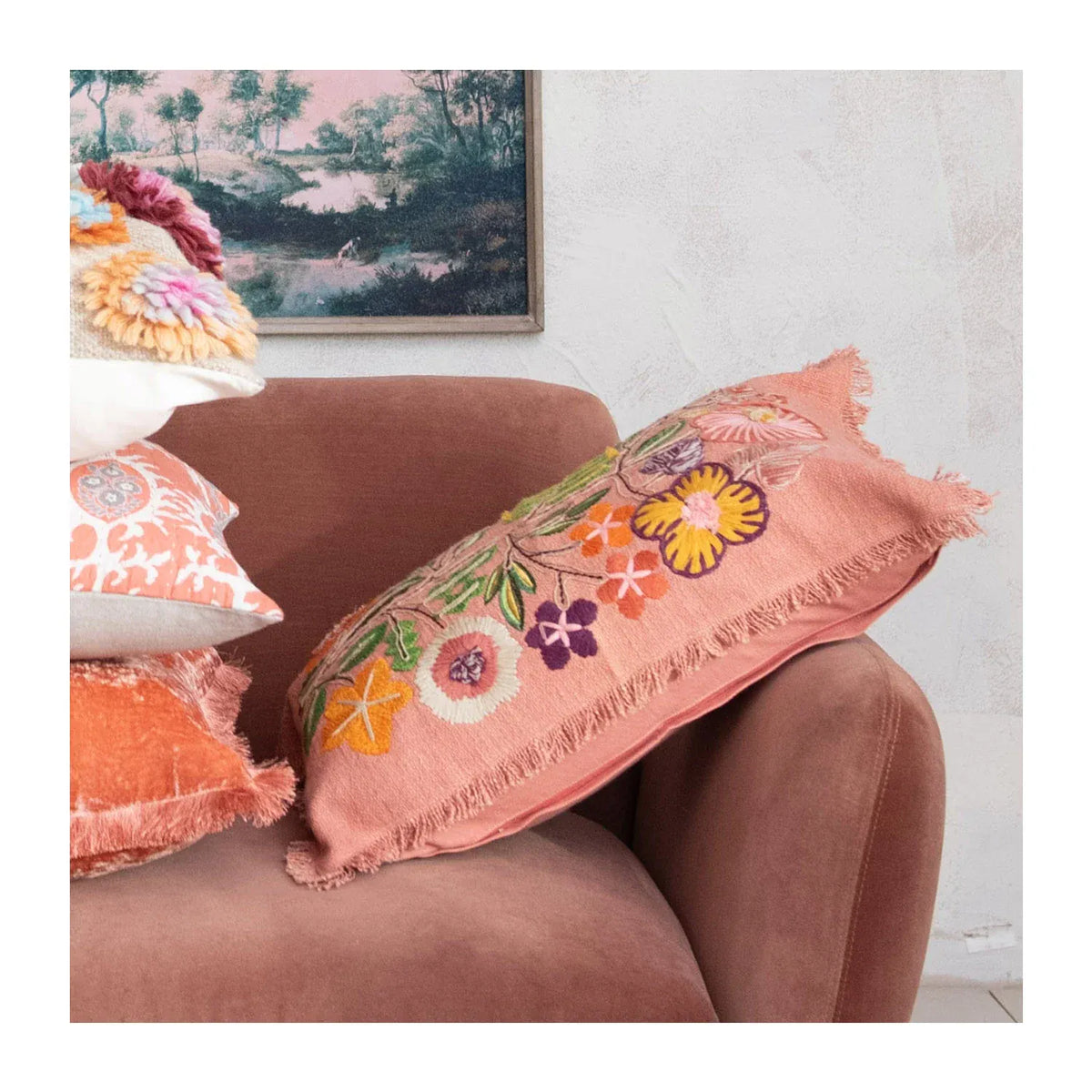 Cotton Lumbar Pillow with Embroidered Flowers & Eyelash Fringe