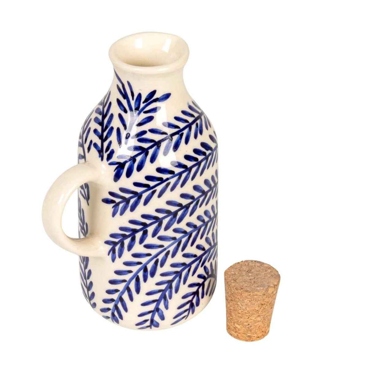 Ceramic oil bottle with blue leaf pattern and cork stopper