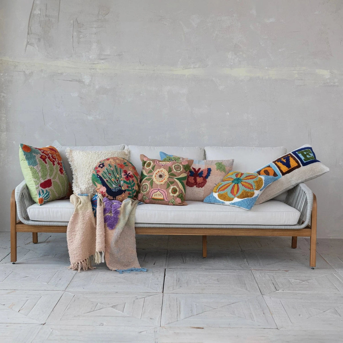 Creative Co-op Woven Fabric Indoor/Outdoor Lumbar Pillow with Tufting & Embroidery - Little Miss Muffin Children & Home