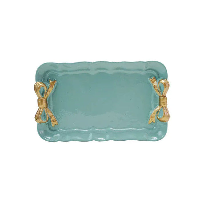 Aqua Decorative Metal Tray with Gold Finish Bows