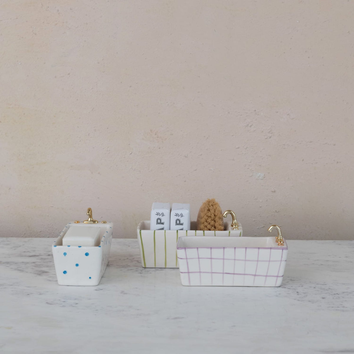 Hand-Painted Stoneware Bathtub Shaped Soap Dish with Pattern, 3 Styles Available