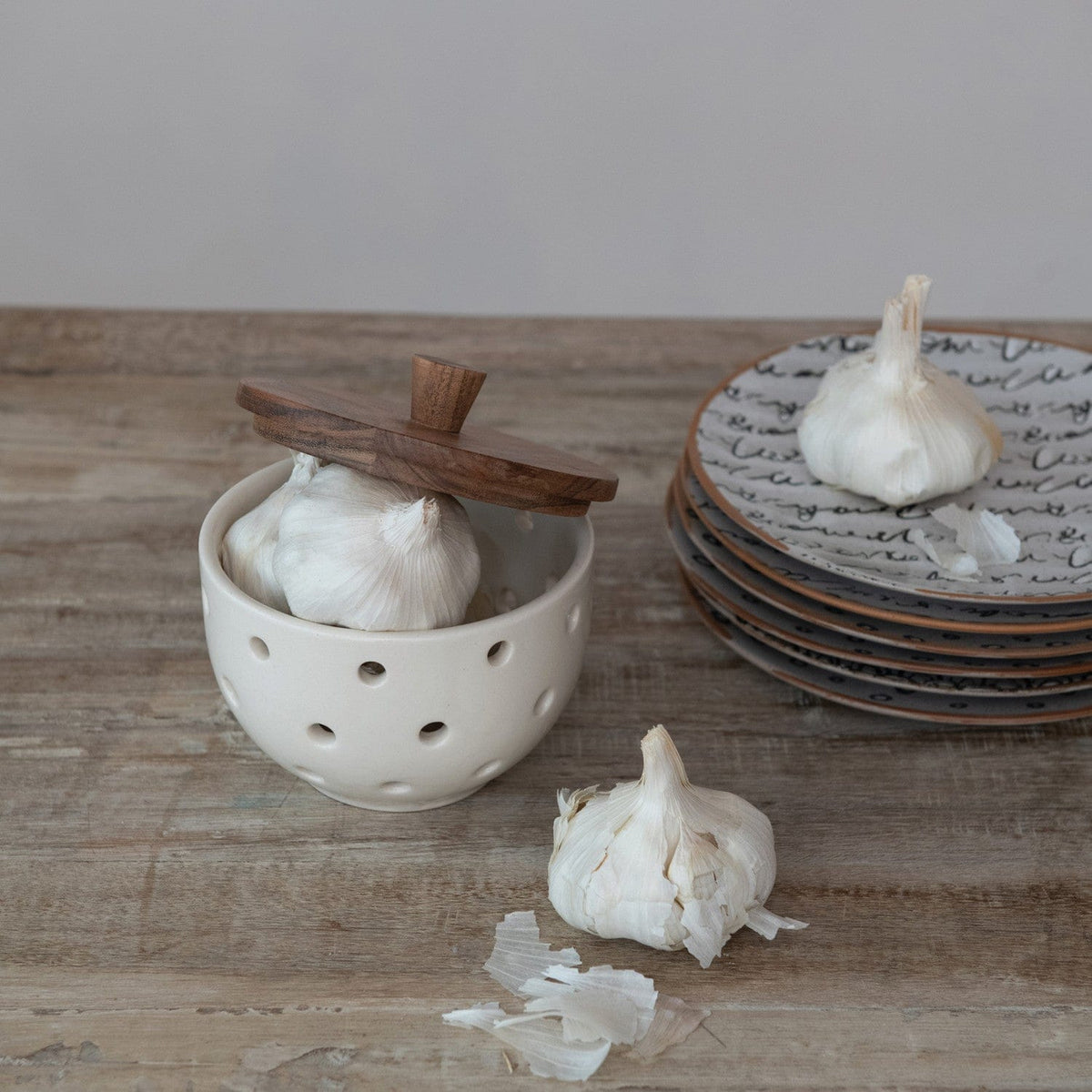 Stoneware Garlic/Onion Keeper with Mango Wood Lid