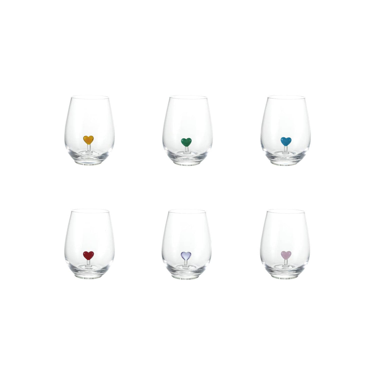 Stemless Wine Glass 18oz with Hand-Blown Heart Inside, 6 Colors Available