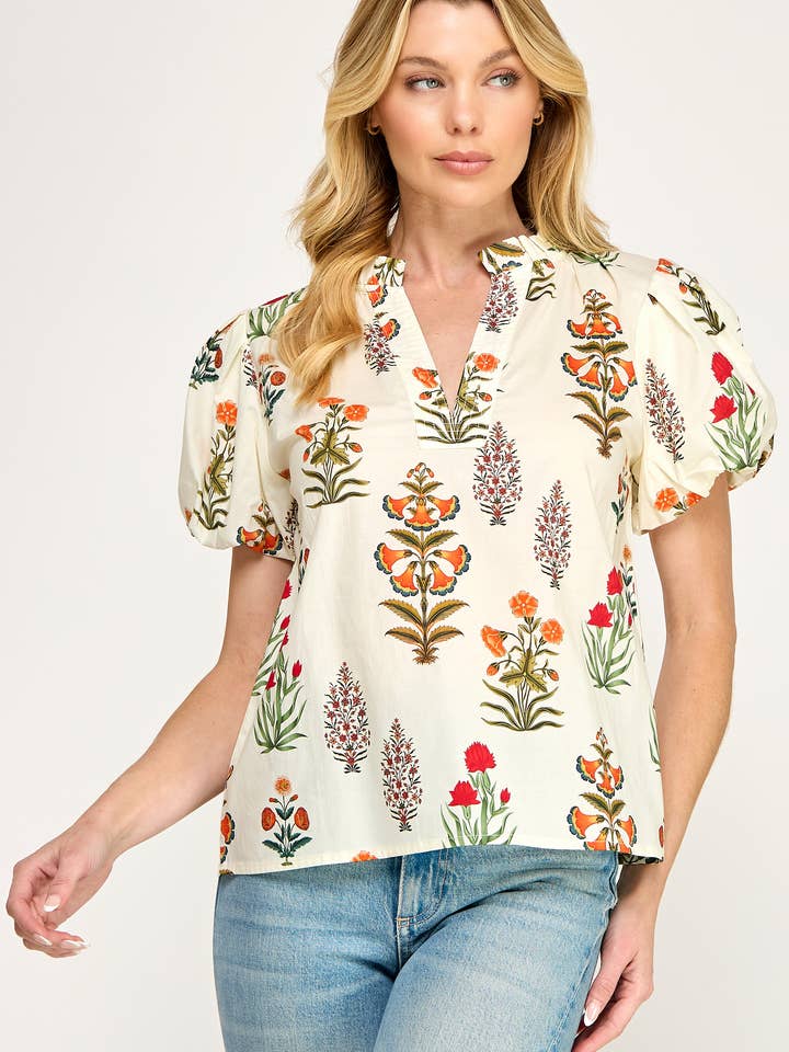 Puff Sleeve Floral Print Top