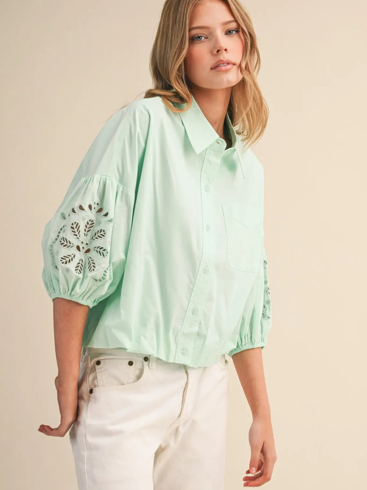 Eyelet Embroidered Puffy Sleeve Button Dow Top in Jelly Mint