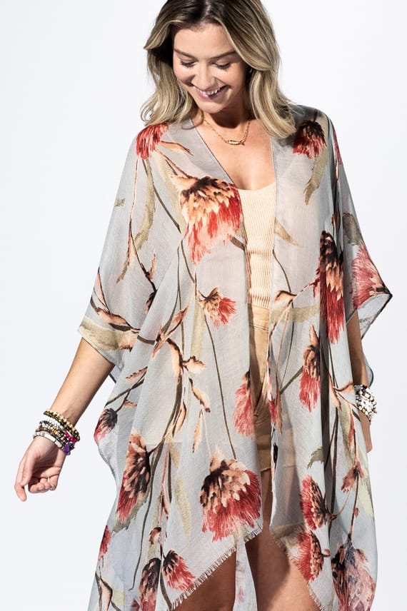 Grey Flower Watercolor Kimono