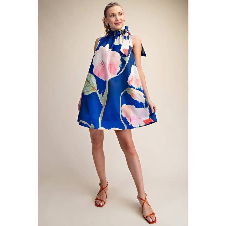 Floral Print Ruffle Tie Neck Sleeveless Mini Dress