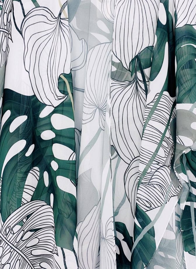 White-Dark Green Tropical Leaf Kimono