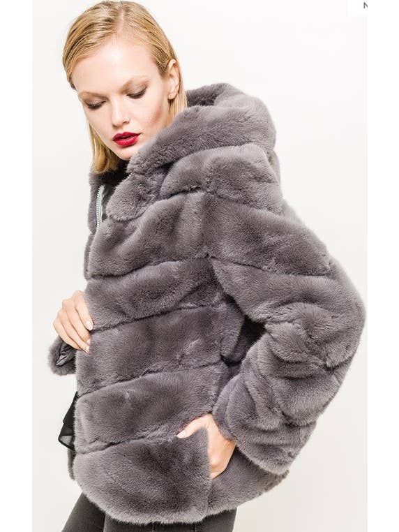 dark grey faux fur hooded jacket