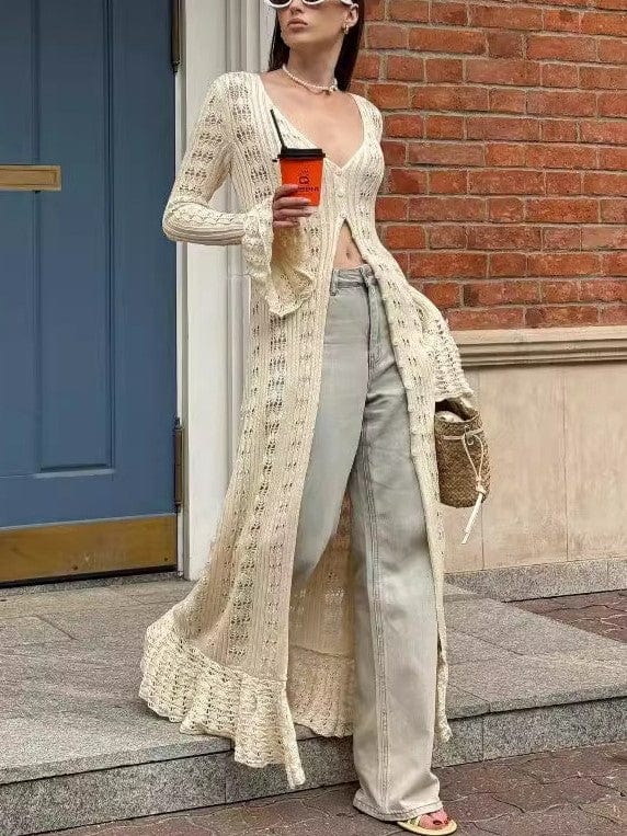 Rosa Clothing Rosa Clothing Y2K Hollow Bell Sleeves Crochet Maxi Cardigan, Apricot - Little Miss Muffin Children & Home