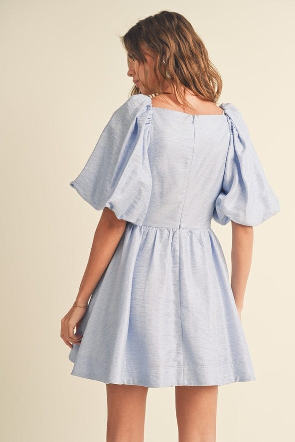Miou Muse Miou Muse Puff Ballon Sleeve Knot Front Detail Dress in Blue - Little Miss Muffin Children & Home