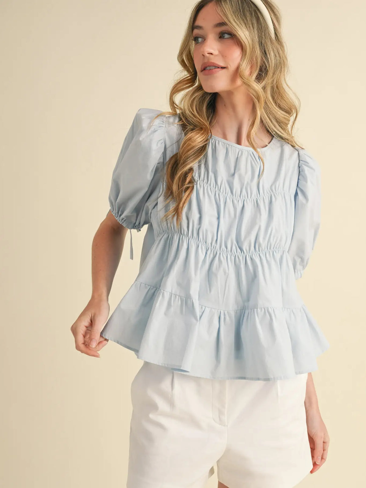 Tiered Puff Sleeve Top in Sky Blue