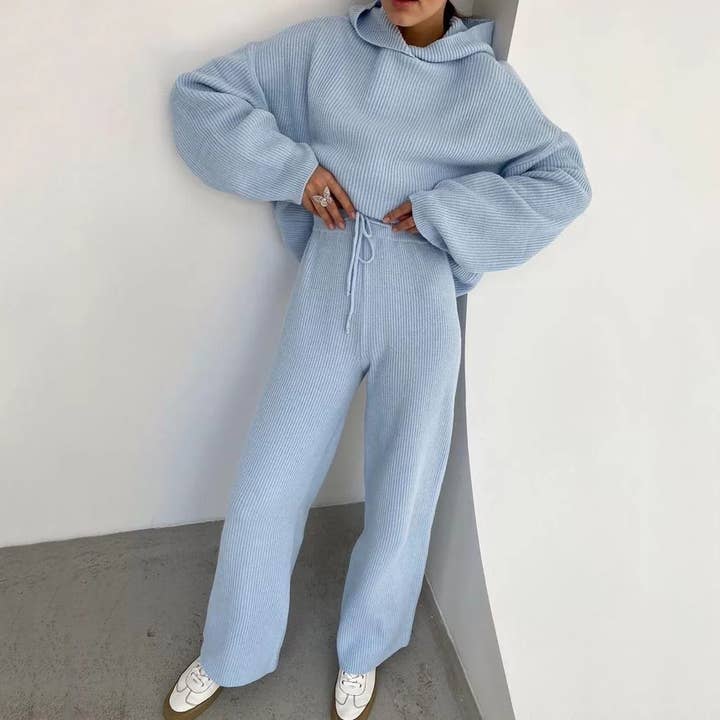 Blue Solid Color Hoodie Top and Pant Set Sweater Set