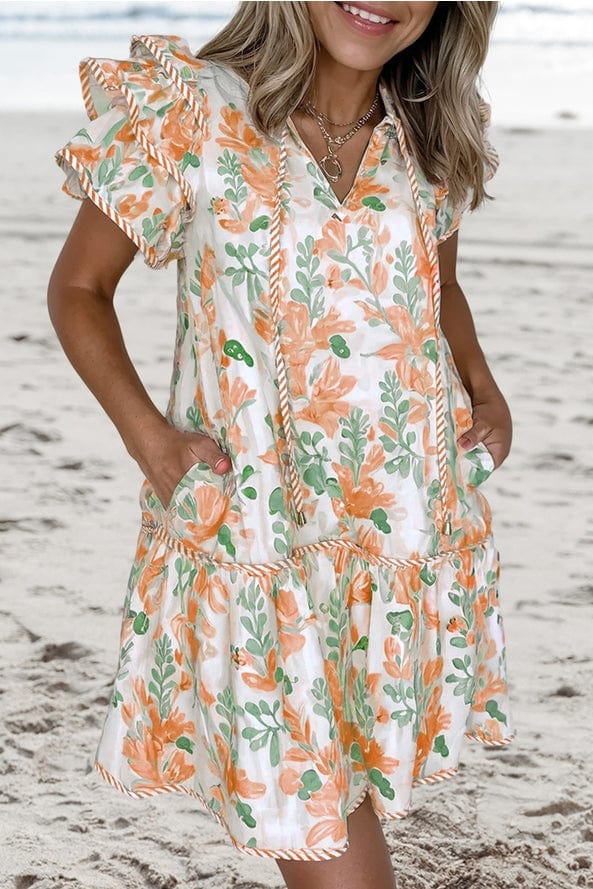 Aapparella Aapparella Floral Contrast Edge Layered Tied Neck Mini Dress - Little Miss Muffin Children & Home