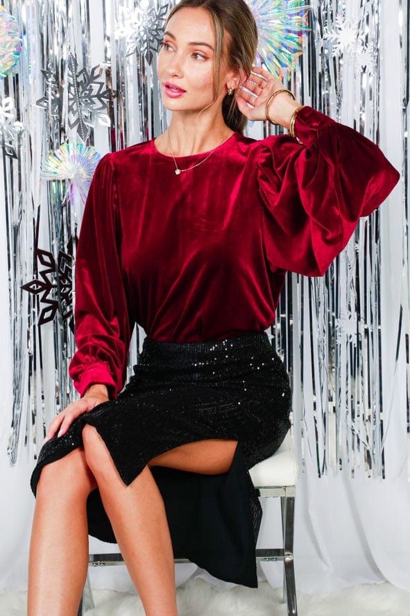 Vine & Love Vine & Love Long Balloon Sleeve Round Neck Velvet Blouse Top in Burgundy - Little Miss Muffin Children & Home