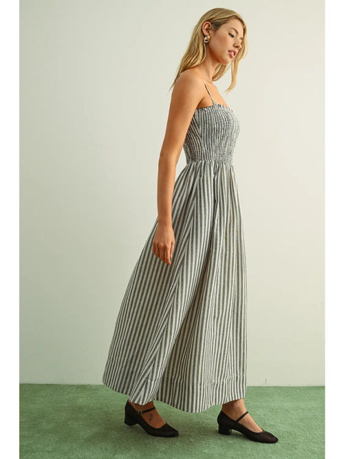 Striped Smocked Bodice Maxi Dress in Black