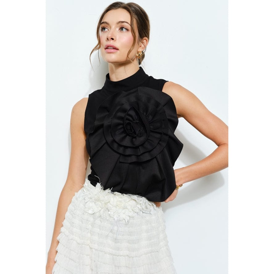 INA Floral Applique Pleated High Neck Top in Black - Little Miss Muffin Children & Home