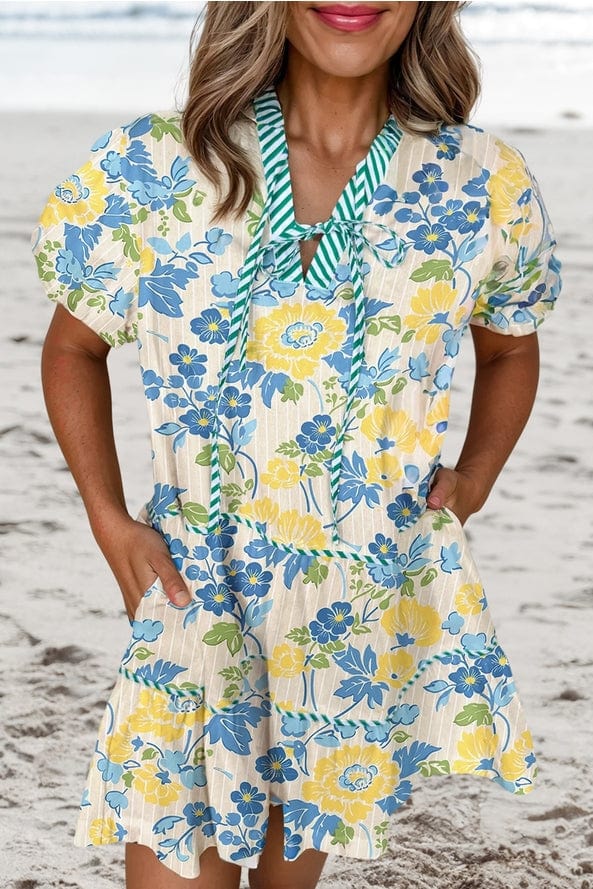 Aapparella Aapparella Floral Striped Trim Puff Short Sleeve Dress - Little Miss Muffin Children & Home