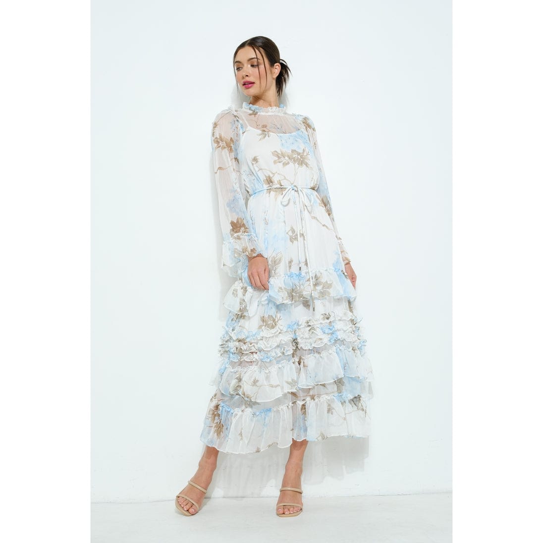 Floral Chiffon Layered Ruffle Skirt Maxi Dress Blue Floral / L