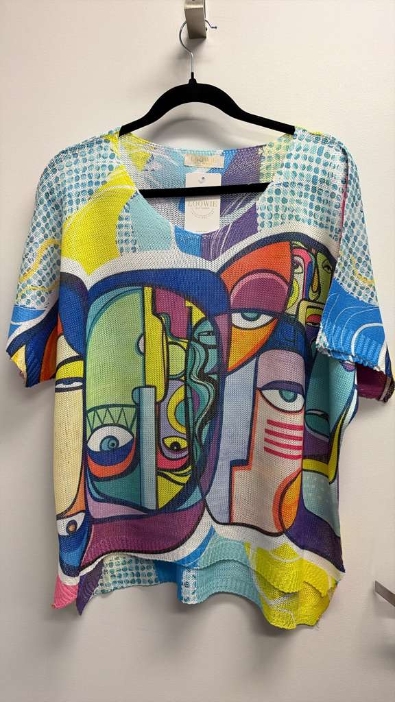 Italian Cubist Eyes Blue & Yellow Knit Sweater