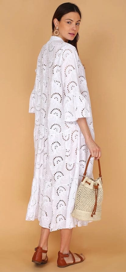 Girl's Dress With Short Sleeves, White, English Embroidery