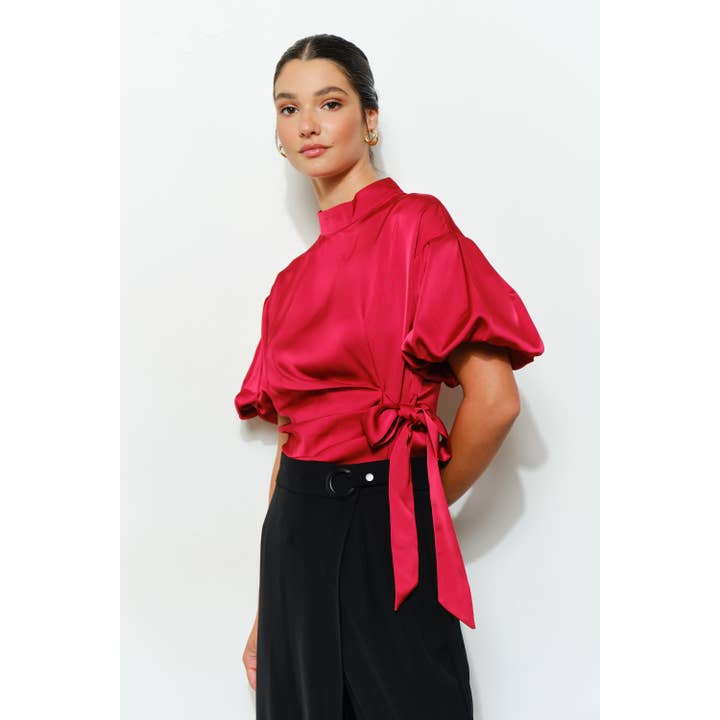 Satin Puff Sleeve High Neck Blouse with Side Sash Tie