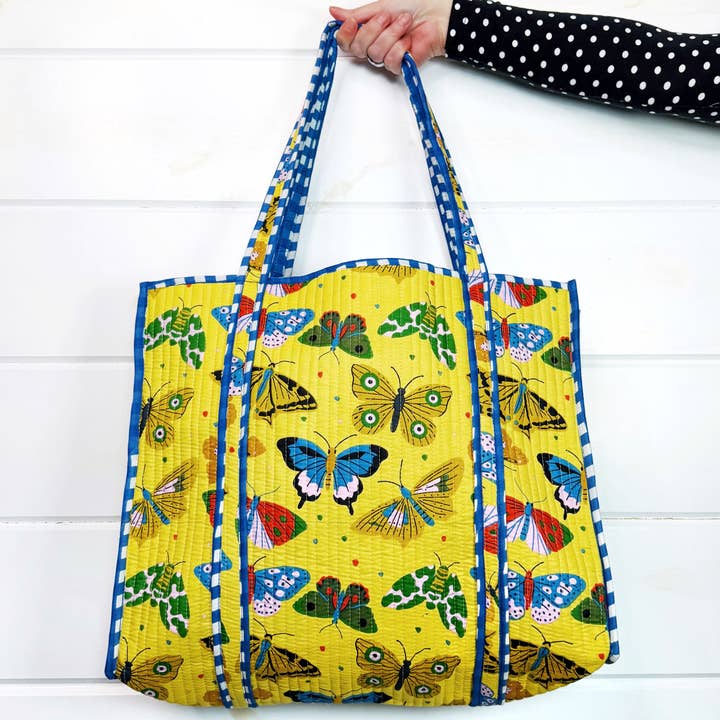 Yellow Butterfly Print Large Quilted Travel Tote Bag