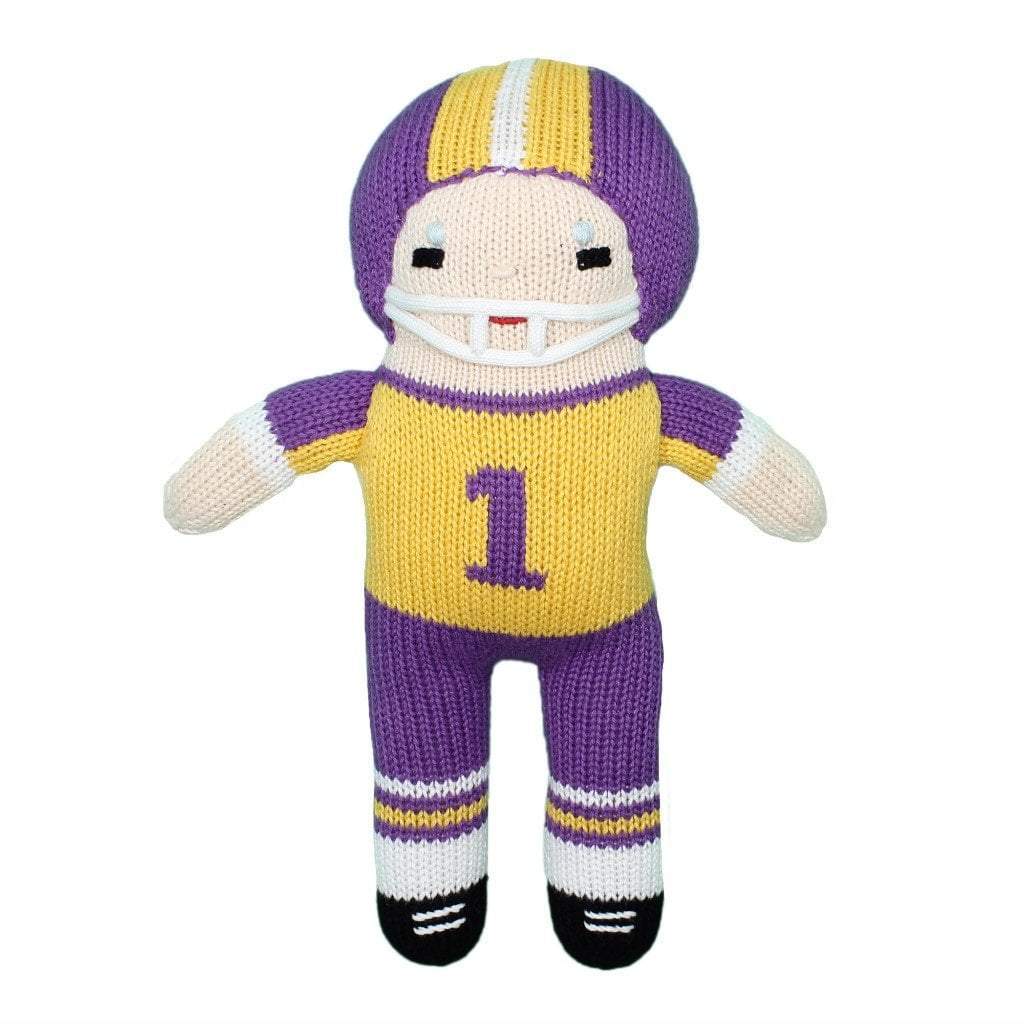 purple and gold football player toy