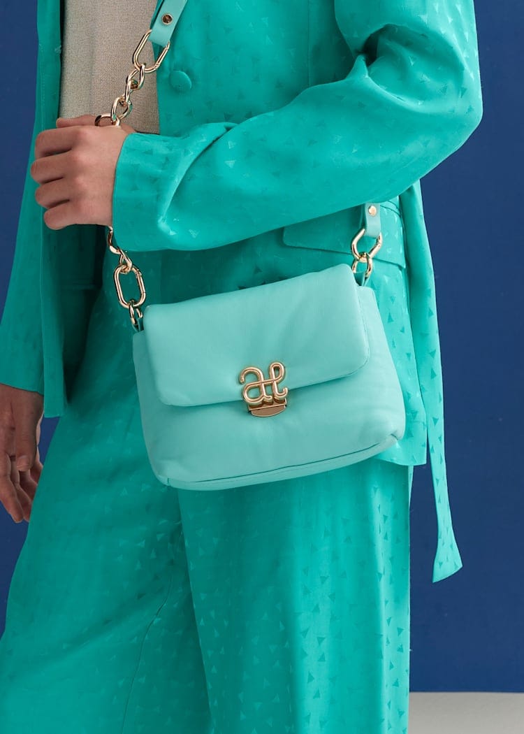 Aqua Handbag with Gold Logo & Chain