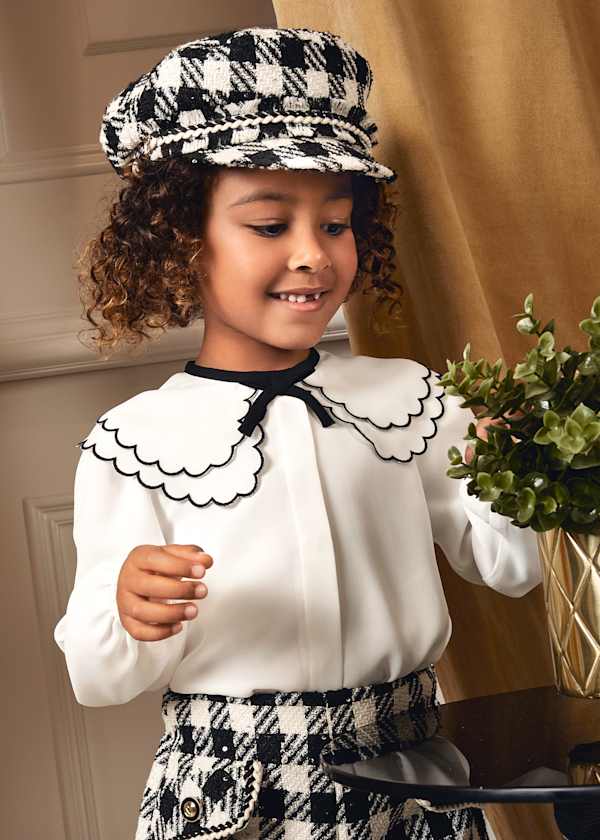 girls chiffon contrast black trim blouse