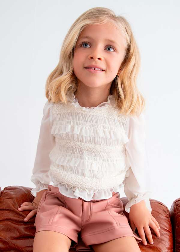 girls long sleeve chiffon top with ruffle trim cream